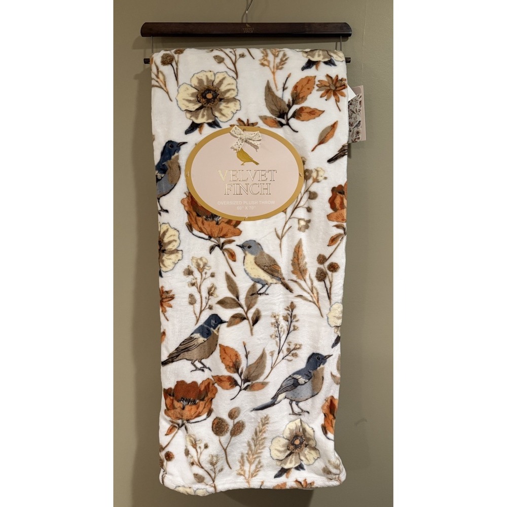 Velvet Finch Oversized Plush Throw Blanket Fall Floral & Birds New 60x70